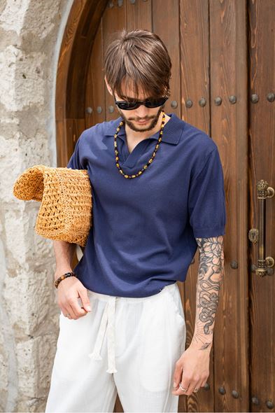Alten Lacivert Polo Yaka %100 Pamuk Triko Tshirt