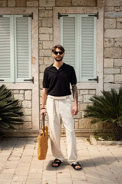 Alten Siyah Polo Yaka %100 Pamuk Triko Erkek Tshirt