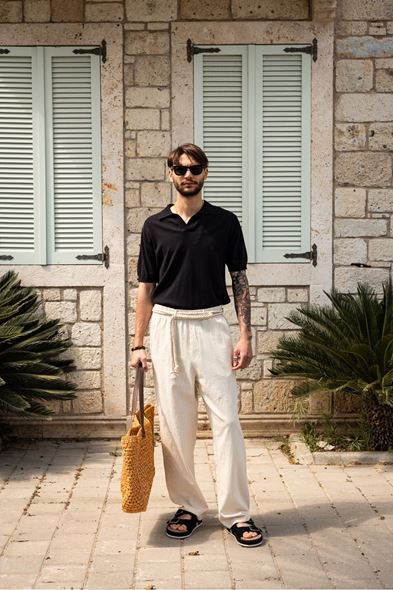 Alten Siyah Polo Yaka %100 Pamuk Triko Tshirt