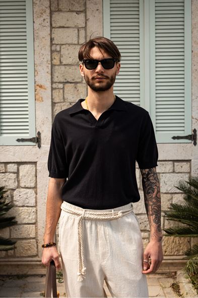 Alten Siyah Polo Yaka %100 Pamuk Triko Tshirt