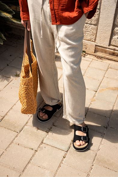 Santurino Duble Paça Bej Keten Pantolon