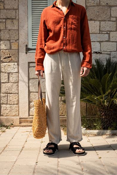 Santurino Duble Paça Bej Keten Pantolon