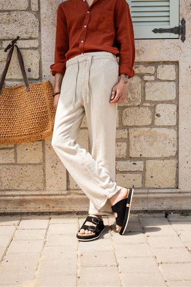 Santurino Duble Paça Bej Keten Pantolon