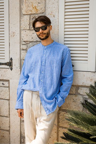 Venetia Hakim Yaka Beyaz Çizgili Mavi Gömlek