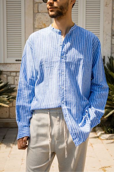 Venetia Hakim Yaka Beyaz Çizgili Mavi Gömlek
