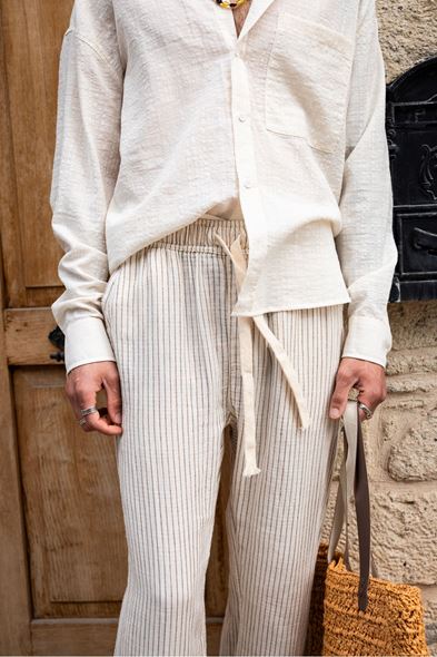 Lyros Kahve Çizgili Müslin Pantolon