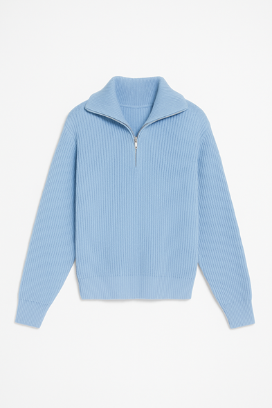 Dreson Mavi Yaka Fermuarlı Kazak