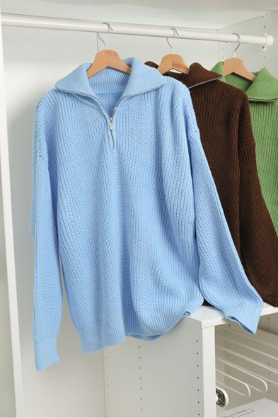 Dreson Mavi Yaka Fermuarlı Kazak