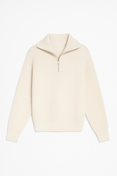 Dreson Beyaz Yaka Fermuarlı Kazak