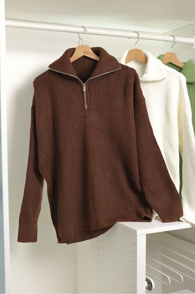 Dreson Kahve Yaka Fermuarlı Kazak