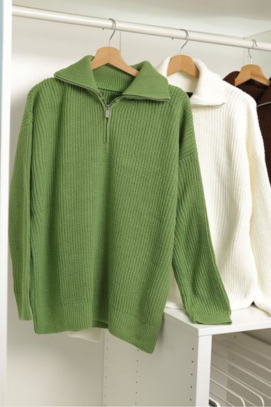 Dreson Yeşil Yaka Fermuarlı Kazak