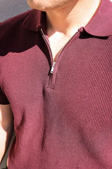 Lave Bordo Fermuarlı Triko Erkek Tshirt