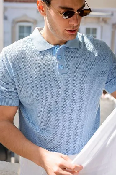 Rimo Mavi Düğmeli Triko Erkek Tshirt