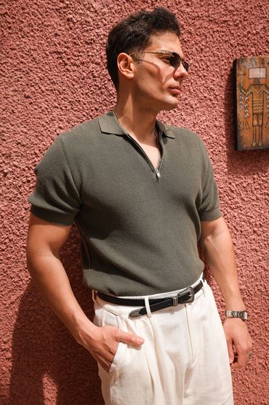 Lave Haki Fermuarlı Triko Tshirt