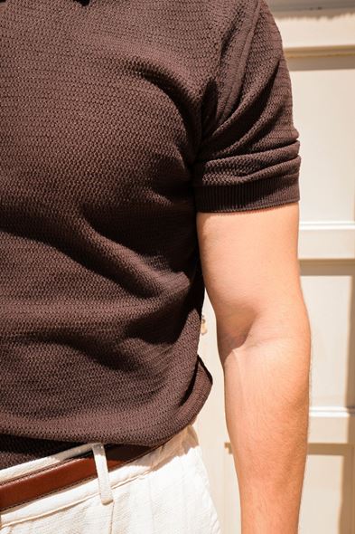 Rimo Kahve Düğmeli Triko Tshirt