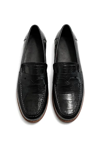 Glace Siyah Cilt Lüks Croco Desen Rugan Loafer Erkek Ayakkabı