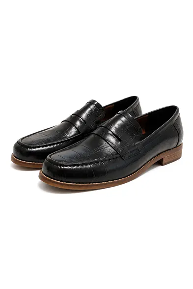 Glace Siyah Cilt Lüks Croco Desen Rugan Loafer Erkek Ayakkabı
