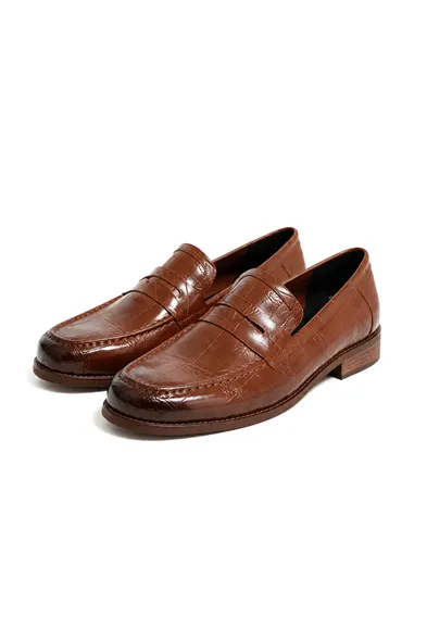 Glace Açık Kahverengi Cilt Lüks Croco Desen Rugan Loafer Erkek Ayakkabı