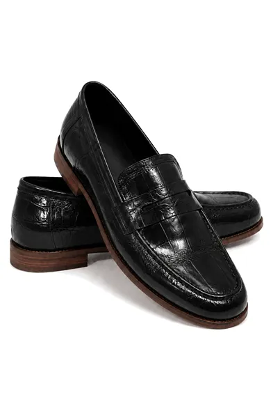 Glace Siyah Cilt Lüks Croco Desen Rugan Loafer Erkek Ayakkabı