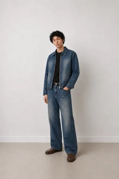 Duster Mavi Lüks Street Crop %100 Pamuk Denim Erkek Kot Ceket ve Bootcut Lüks Street %100 Pamuk Denim Erkek Kot Pantolon Kombin