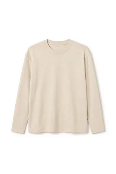 Bran - Bej - Oversize Pamuklu - Uzun Kollu Hafif Crop - Erkek Tshirt