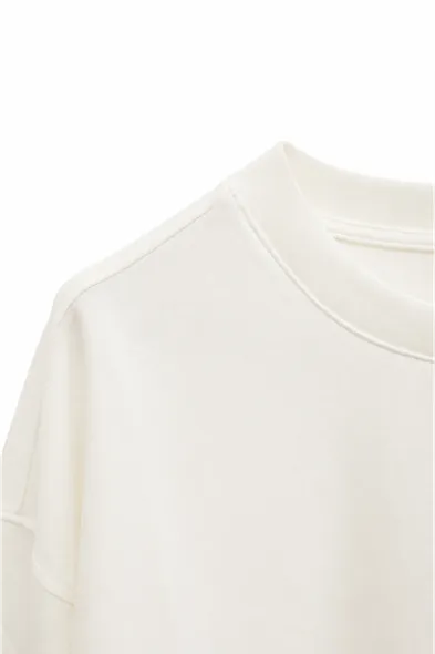 Bran - Beyaz - Oversize Pamuklu - Uzun Kollu Hafif Crop - Erkek Tshirt