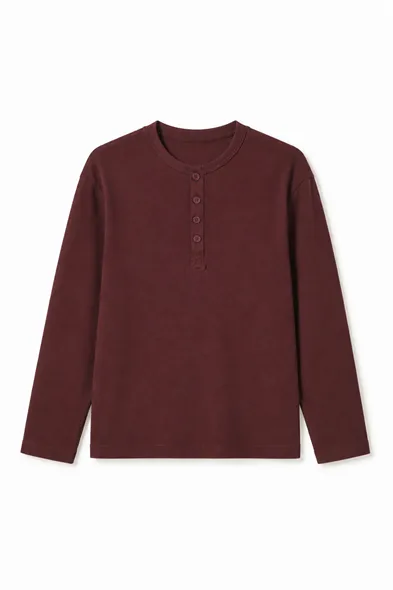 Shale - Bordo - Bisiklet Yaka Uzun Kollu - %100 Pamuk - Yaka Düğmeli Erkek Tshirt