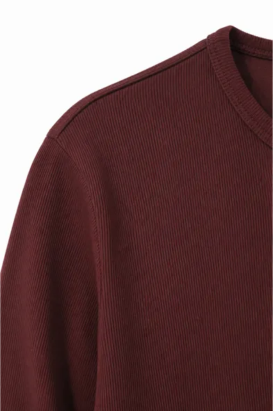 Shale - Bordo - Bisiklet Yaka Uzun Kollu - %100 Pamuk - Yaka Düğmeli Erkek Tshirt