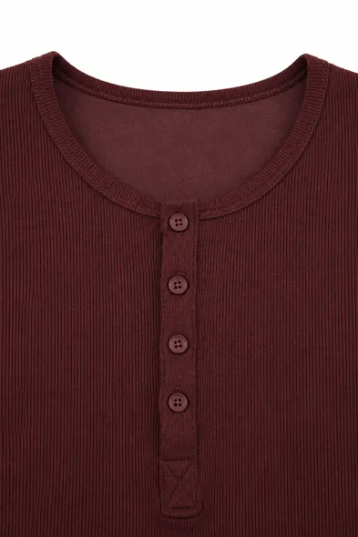 Shale - Bordo - Bisiklet Yaka Uzun Kollu - %100 Pamuk - Yaka Düğmeli Erkek Tshirt