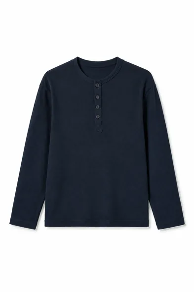 Shale - Lacivert - Bisiklet Yaka Uzun Kollu - %100 Pamuk - Yaka Düğmeli Erkek Tshirt