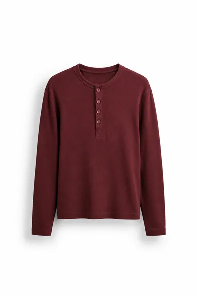 Shale - Bordo - Bisiklet Yaka Uzun Kollu - %100 Pamuk - Yaka Düğmeli Erkek Tshirt