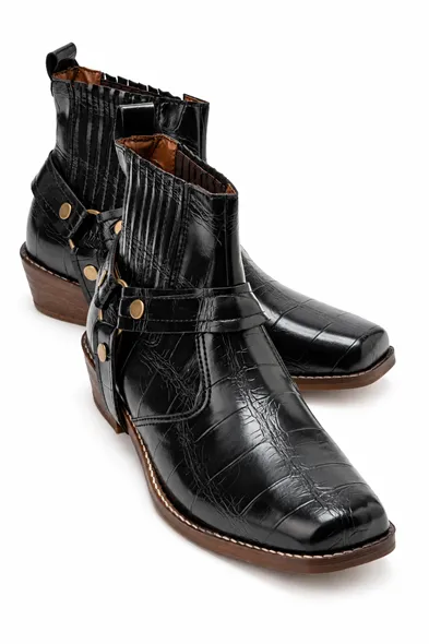 North Rider - Siyah - Cilt Croco Desen - Cowboy Erkek Bot