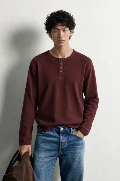 Shale - Bordo - Bisiklet Yaka Uzun Kollu - %100 Pamuk - Yaka Düğmeli Erkek Tshirt