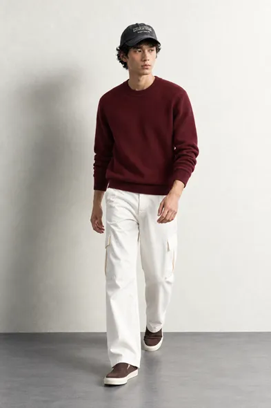 Woven - Bordo - Pamuklu Yarım Boğazlı - Erkek Kazak