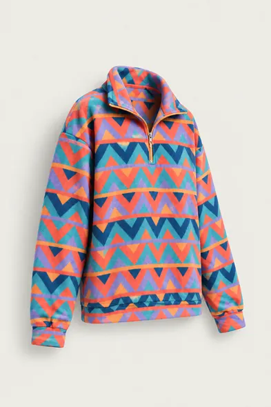 Vorn - Turuncu - Etnik Desenli - Fermuarlı Yakalı - Polar Erkek Sweatshirt