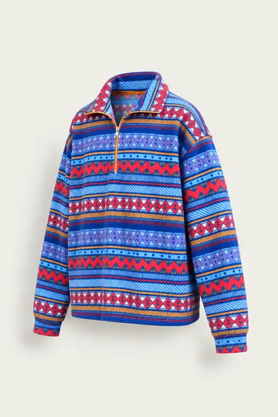 Vorn - Mavi - Etnik Desenli - Fermuarlı Yakalı - Polar Erkek Sweatshirt