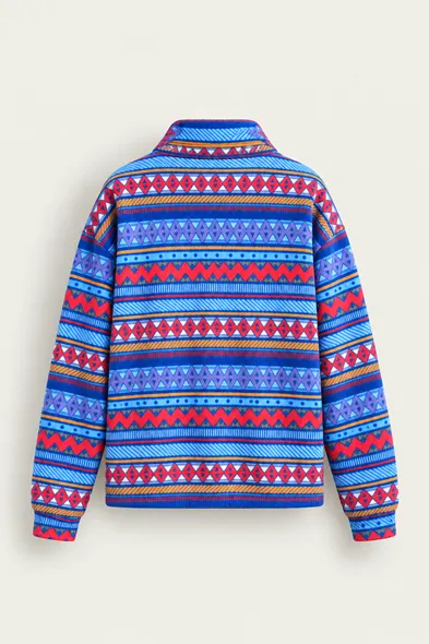 Vorn - Mavi - Etnik Desenli - Fermuarlı Yakalı - Polar Erkek Sweatshirt