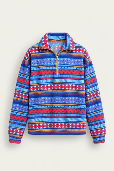 Vorn - Mavi - Etnik Desenli - Fermuarlı Yakalı - Polar Erkek Sweatshirt