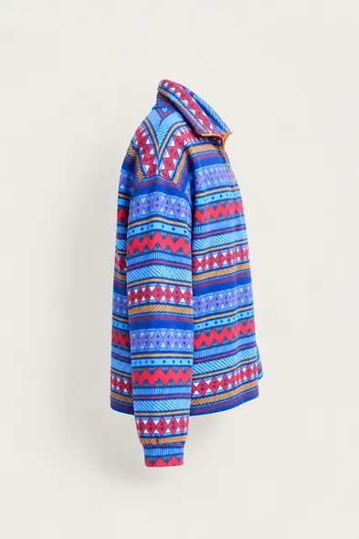 Vorn - Mavi - Etnik Desenli - Fermuarlı Yakalı - Polar Erkek Sweatshirt