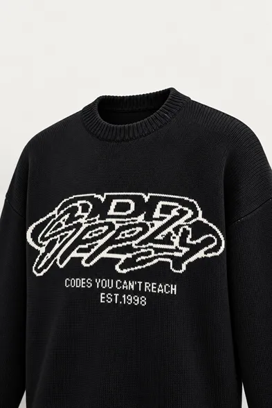 Supply - Siyah - Oversize Fit Bisiklet Yaka - Erkek Kazak