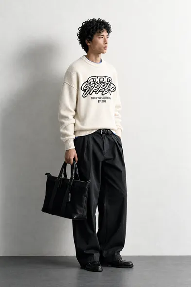 Supply - Beyaz - Oversize Fit Bisiklet Yaka - Erkek Kazak