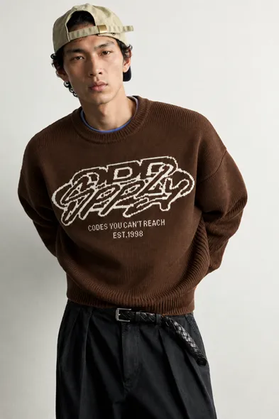 Supply - Kahverengi - Oversize Fit Bisiklet Yaka - Erkek Kazak