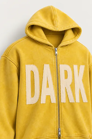 Dark - Sarı - Kapüşonlu Çift Fermuarlı - Pamuklu Erkek Sweatshirt