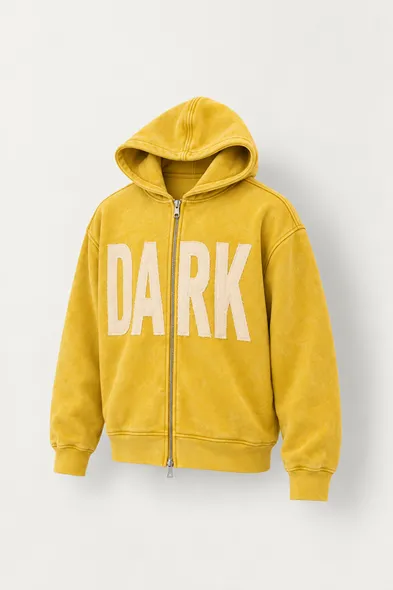 Dark - Sarı - Kapüşonlu Çift Fermuarlı - Pamuklu Erkek Sweatshirt