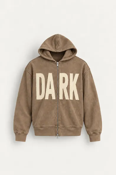 Dark - Koyu Bej - Kapüşonlu Çift Fermuarlı - Pamuklu Erkek Sweatshirt