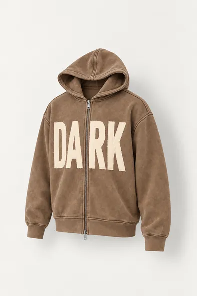 Dark - Koyu Bej - Kapüşonlu Çift Fermuarlı - Pamuklu Erkek Sweatshirt