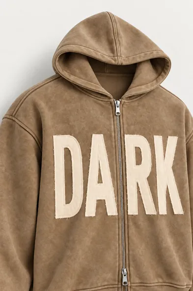 Dark - Koyu Bej - Kapüşonlu Çift Fermuarlı - Pamuklu Erkek Sweatshirt