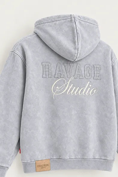Ravage - Açık Gri - Kapüşonlu Çift Fermuarlı - Pamuklu Erkek Sweatshirt