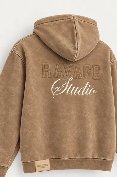 Ravage - Taba - Kapüşonlu Çift Fermuarlı - Pamuklu Erkek Sweatshirt