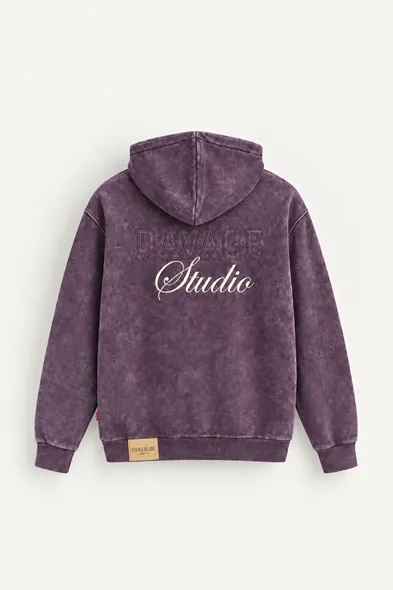 Ravage - Mor - Kapüşonlu Çift Fermuarlı - Pamuklu Erkek Sweatshirt